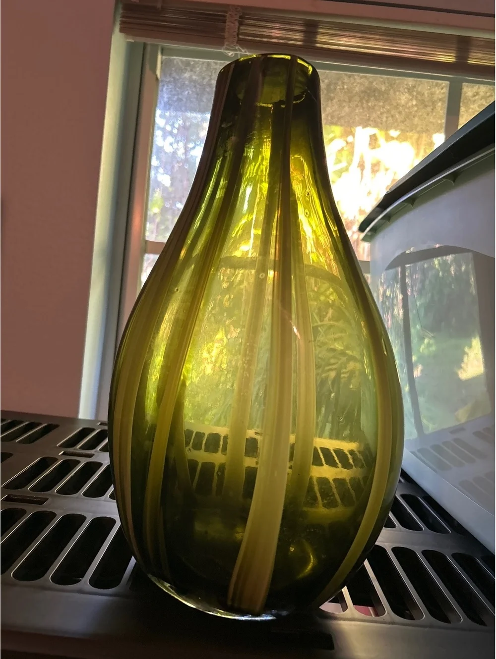 Vintage Green Glass Vase with Cream Striped Design